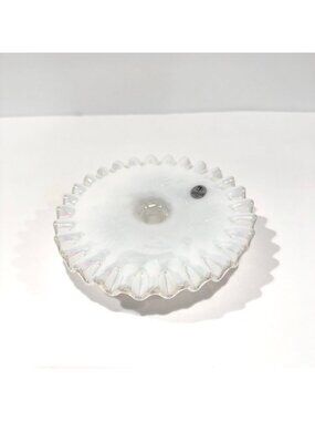Vintage Fenton Glass Opal Iridescent White Ruffled Pedestal Cake Serving Plate